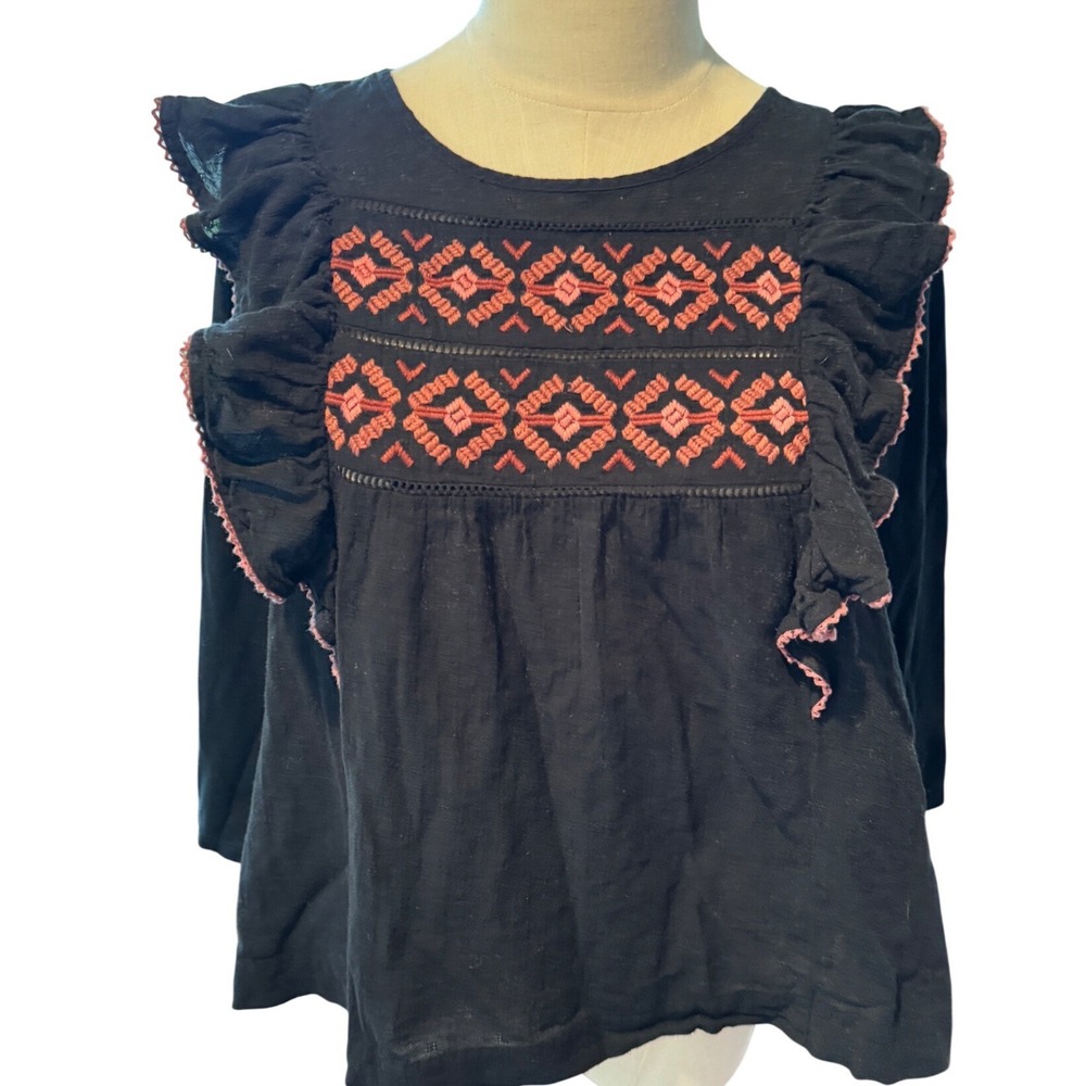 Madewell Black Embroidered Ruffle Long Sleeve Top Blouse Size M Geometric Pink